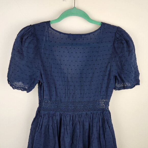 Lulus Navy Blue Swiss Dot Ruffle Lace Trim Short Sleeve Mini Dress sz S - Picture 5 of 11